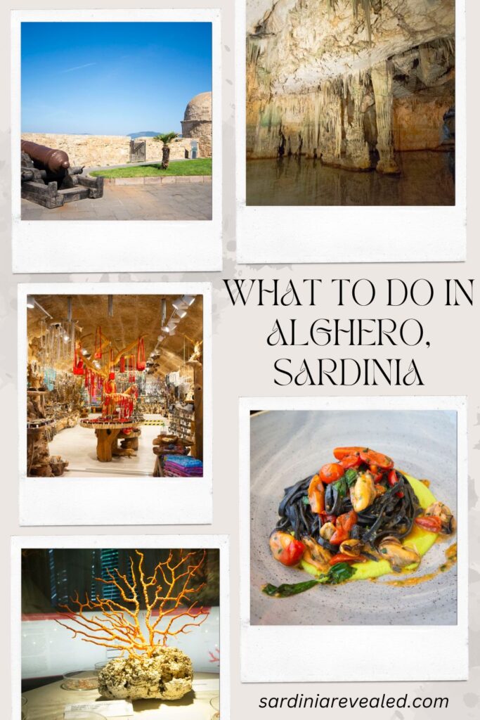Pinterest image with five photos from Alghero and a caption reading "What to do in Alghero, Sardinia".